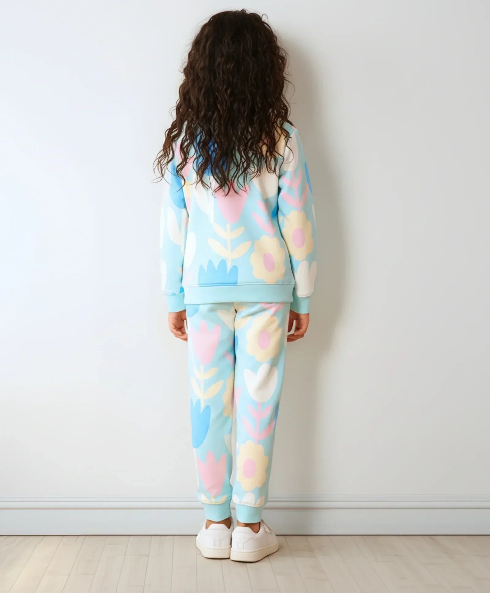 AQUA FLOWER FLEECE GIRLS SWEATSHIRT JOGGER SET - AQUA