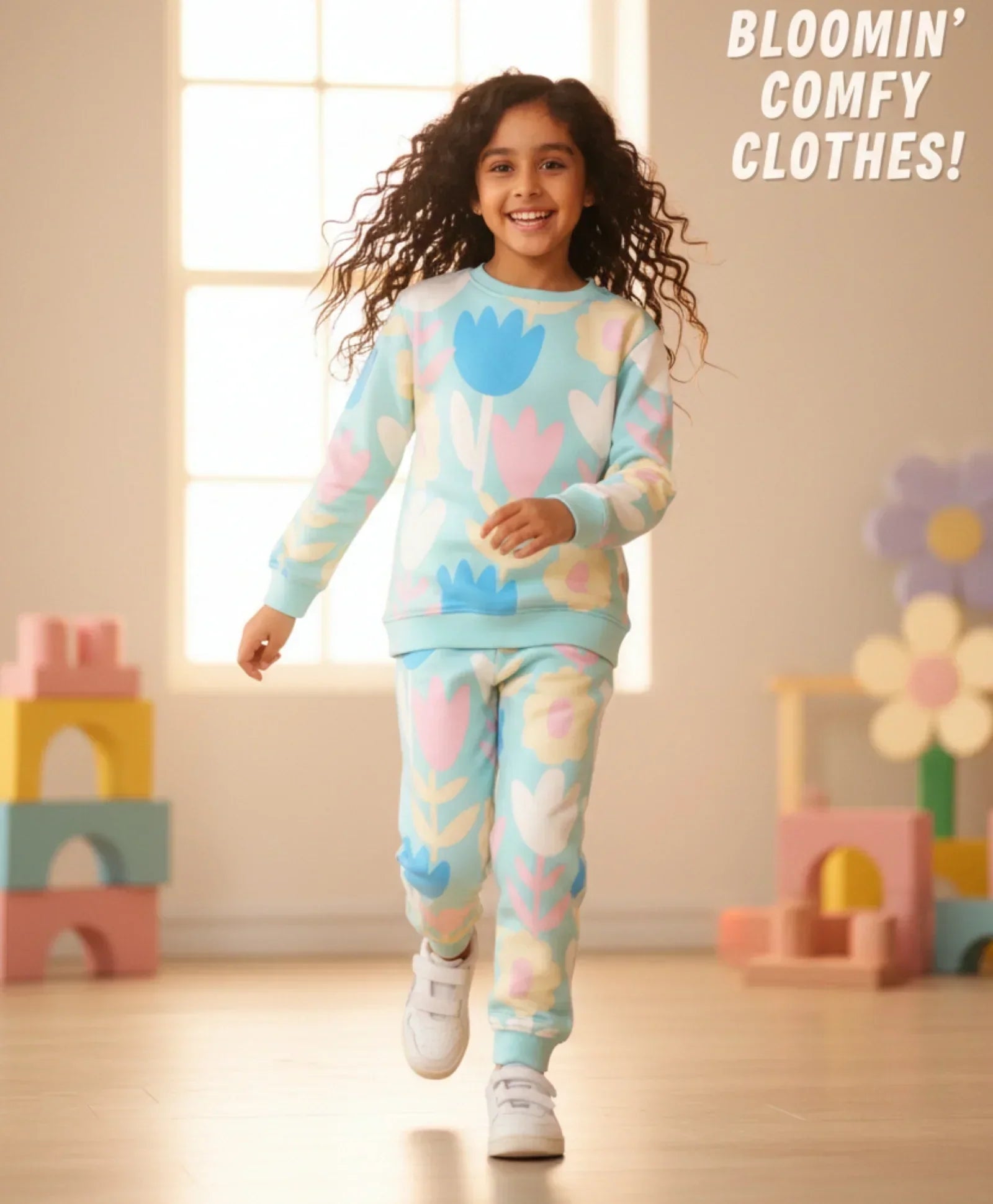 AQUA FLOWER FLEECE GIRLS SWEATSHIRT JOGGER SET - AQUA