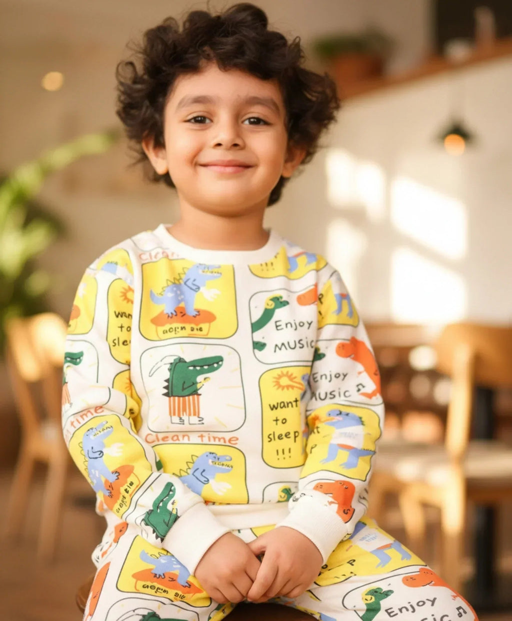DINOSAUR STAMP FLEECE BOYS SWEATSHIRT JOGGER SET - OFF WHITE