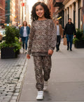 LEOPARD FLEECE GIRLS SWEATSHIRT JOGGER SET - BROWN