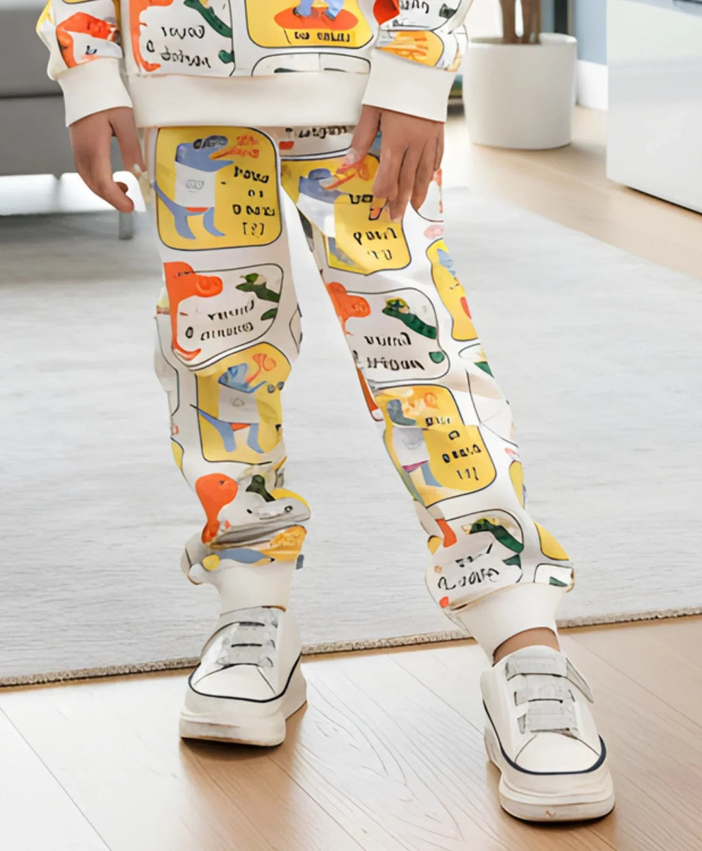 DINOSAUR STAMP FLEECE GIRLS JOGGER  - OFF WHITE