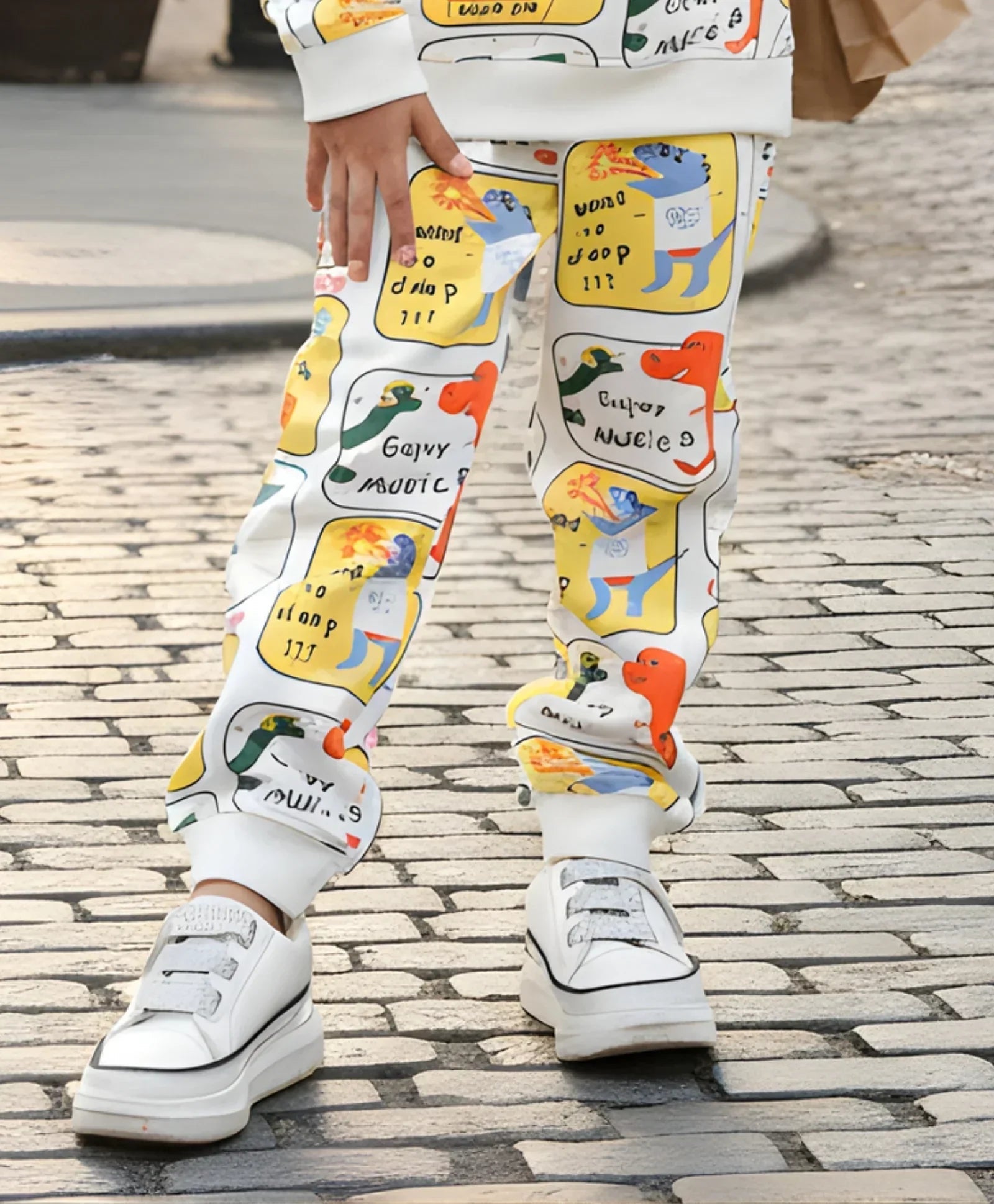 DINOSAUR STAMP FLEECE GIRLS JOGGER  - OFF WHITE