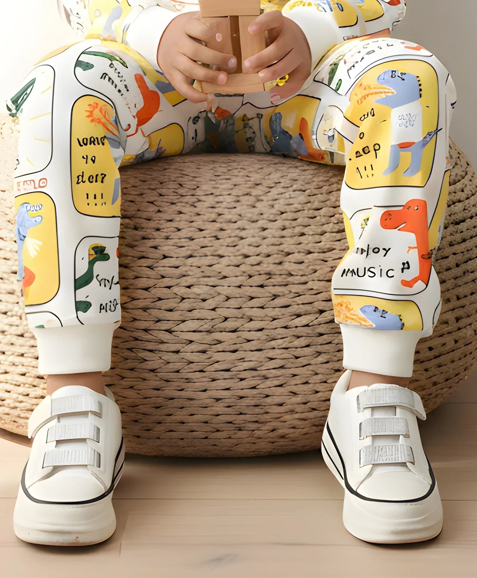 DINOSAUR STAMP FLEECE GIRLS JOGGER  - OFF WHITE