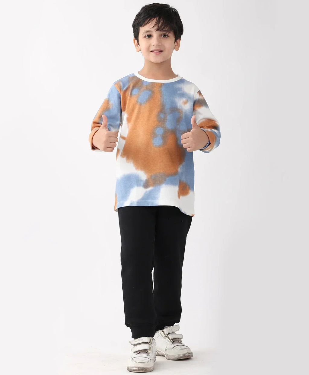 BLUE BROWN TIE DYE LONG SLEEVE T-SHIRT FLEECE JOGGER SET - BLUE/BLACK