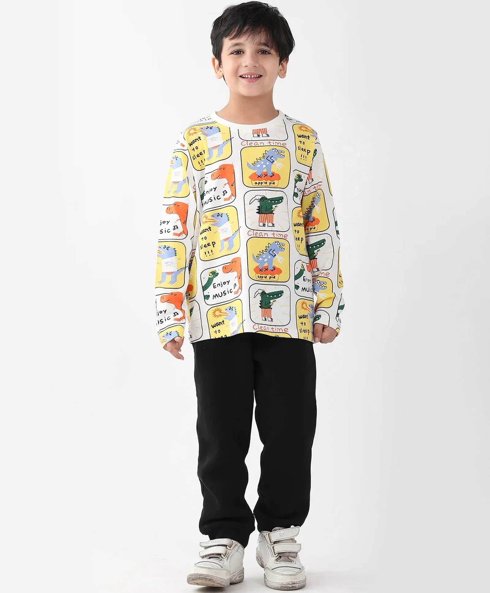 DINOSAUR STAMP LONG SLEEVE T-SHIRT FLEECE JOGGER SET - WHITE/BLACK