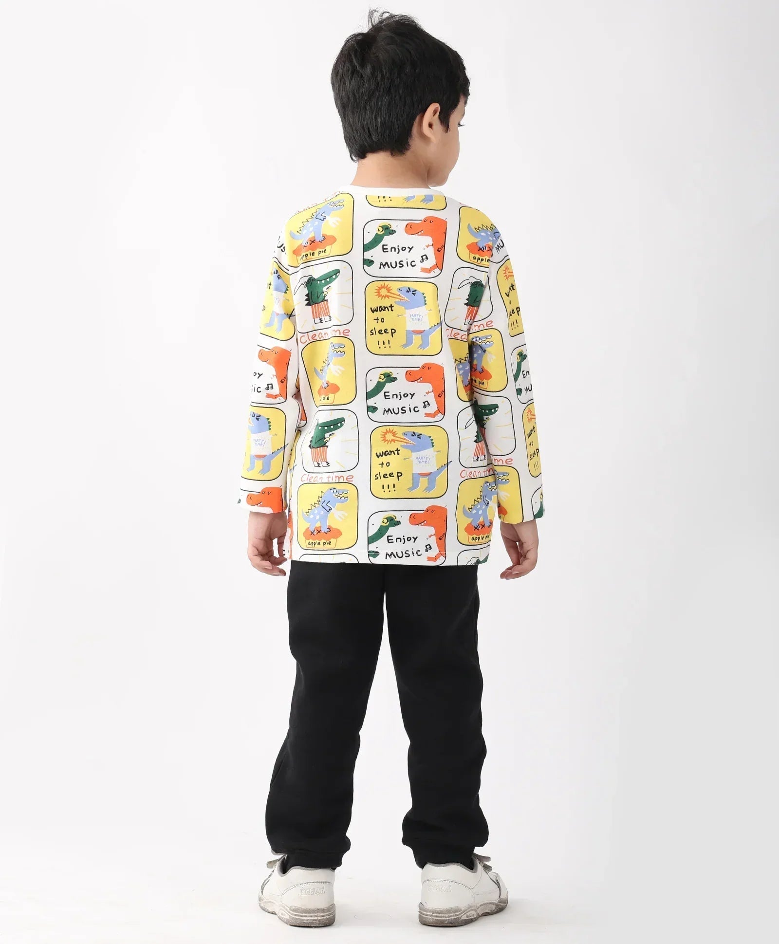 DINOSAUR STAMP LONG SLEEVE T-SHIRT FLEECE JOGGER SET - WHITE/BLACK