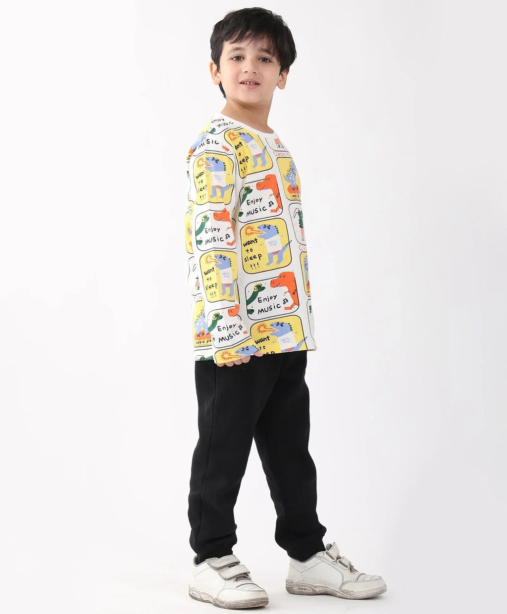 DINOSAUR STAMP LONG SLEEVE T-SHIRT FLEECE JOGGER SET - WHITE/BLACK