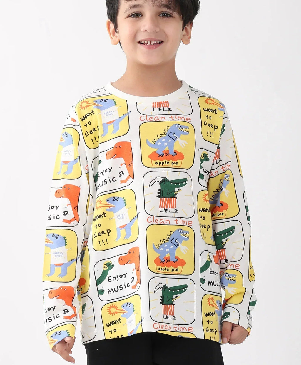 DINOSAUR STAMP LONG SLEEVE T-SHIRT FLEECE JOGGER SET - WHITE/BLACK