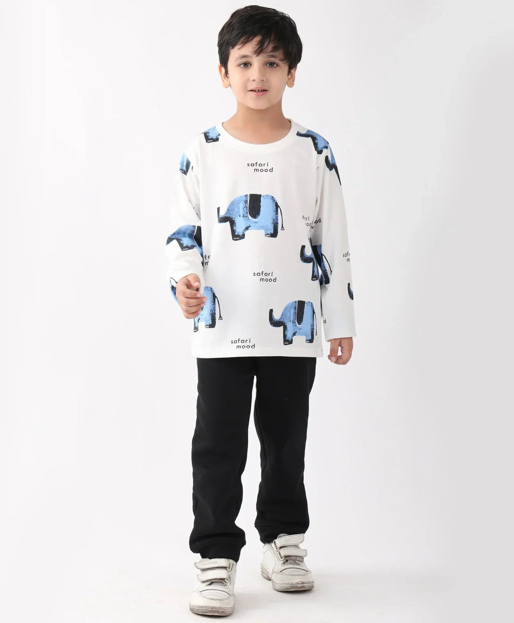 ELEPHANT SAFARI LONG SLEEVE T-SHIRT FLEECE JOGGER SET - WHITE/BLACK