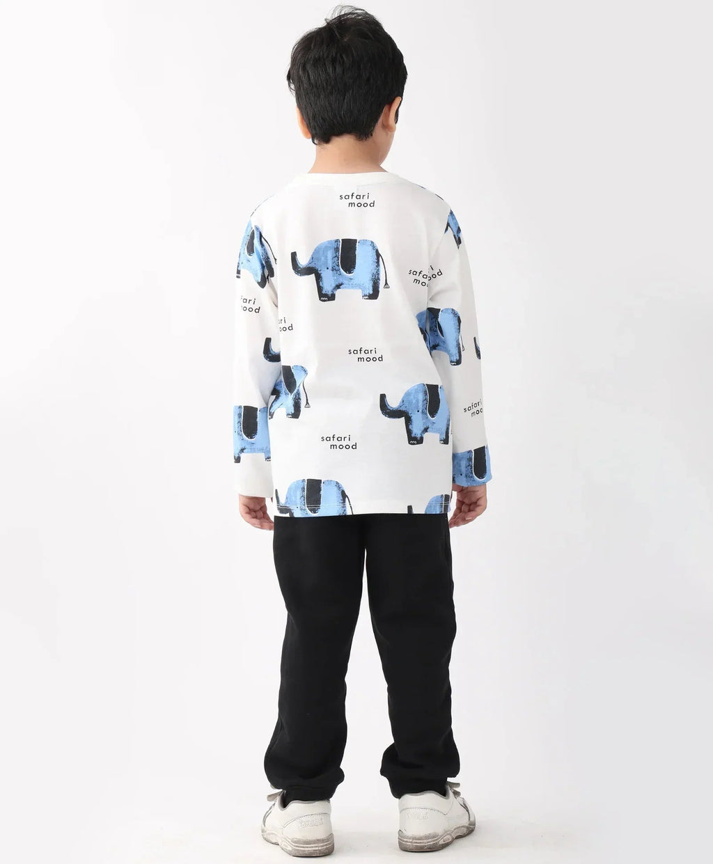 ELEPHANT SAFARI LONG SLEEVE T-SHIRT FLEECE JOGGER SET - WHITE/BLACK