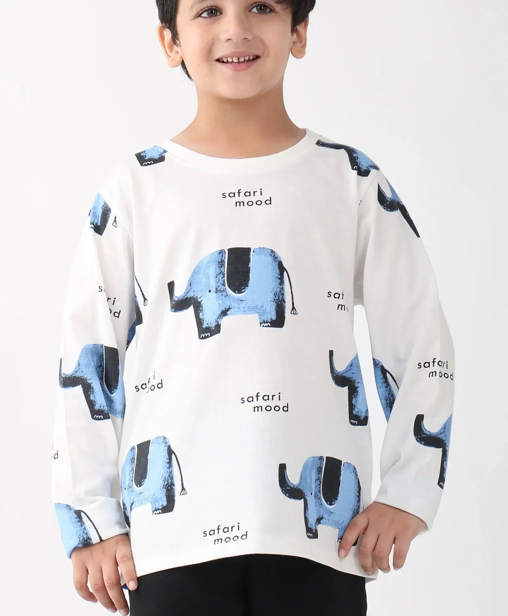 ELEPHANT SAFARI LONG SLEEVE T-SHIRT FLEECE JOGGER SET - WHITE/BLACK