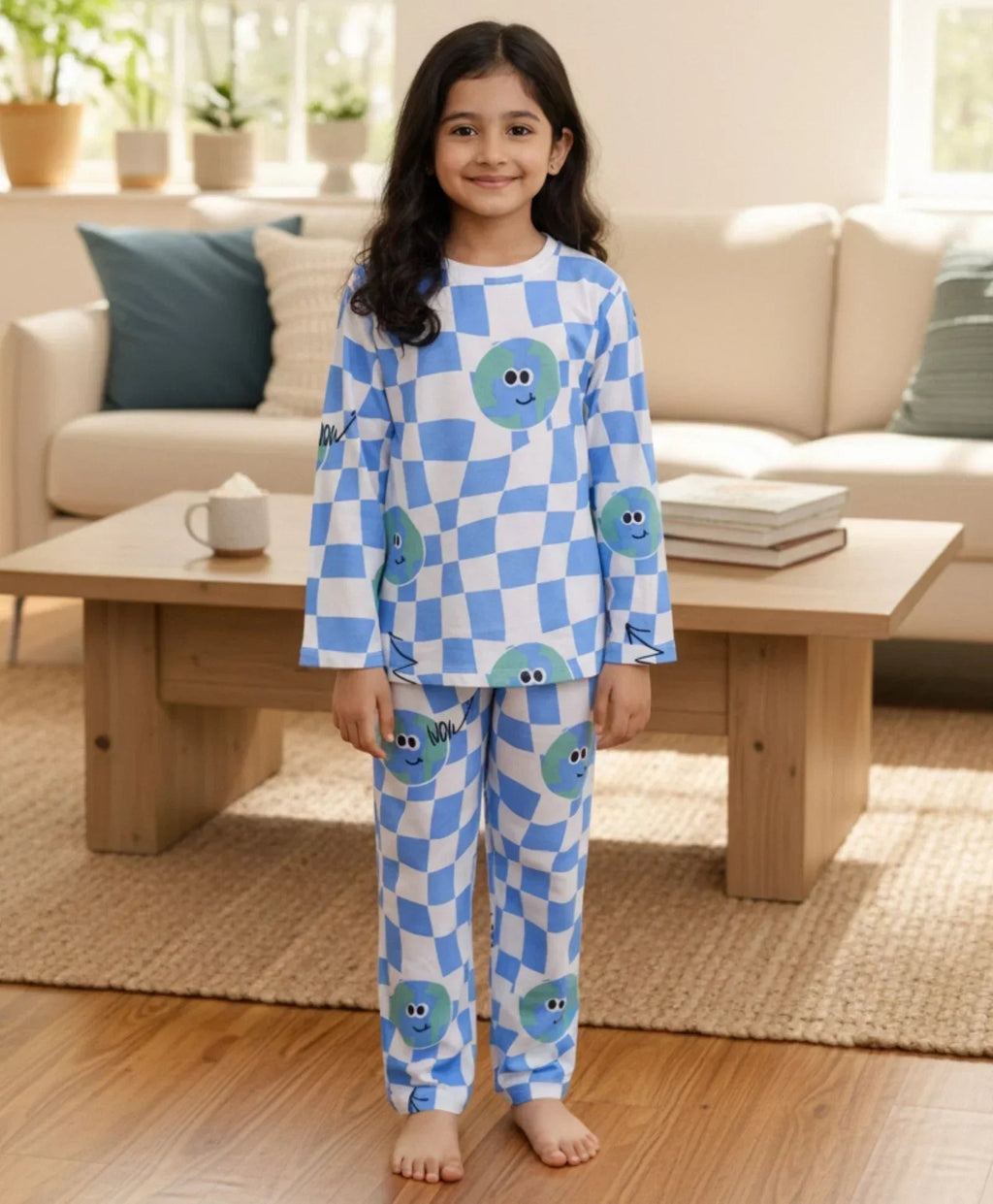 GLOBE CHECK GIRLS LONG SLEEVES PYJAMA SET - BLUE