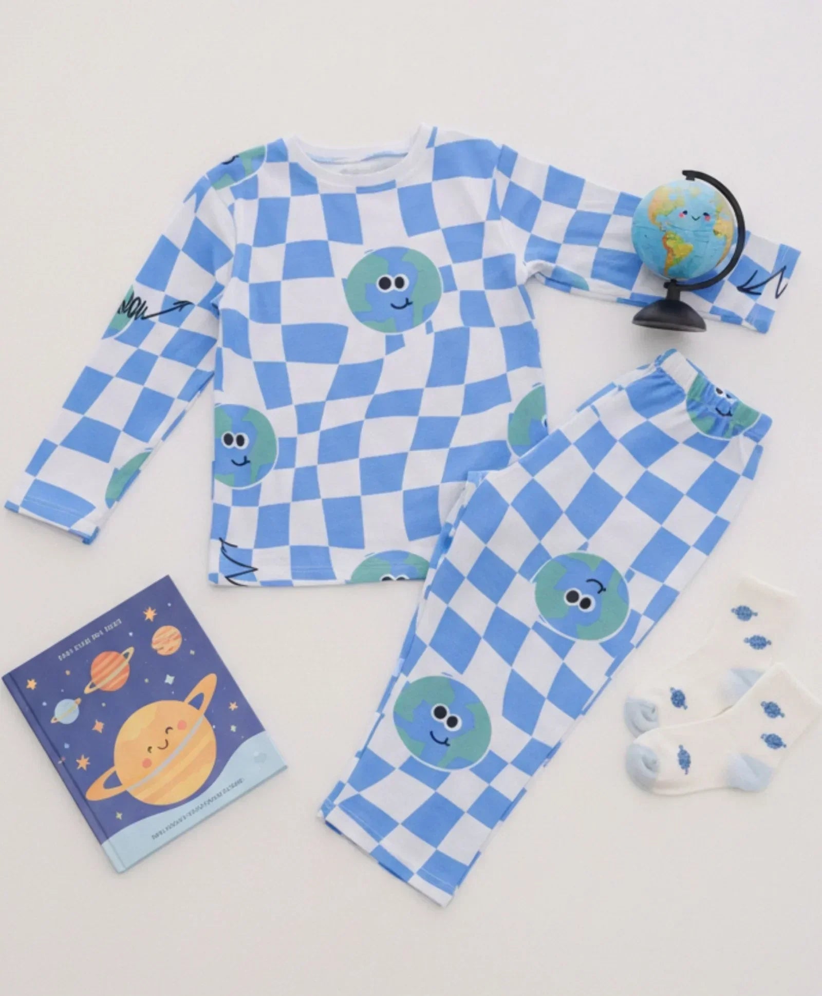 GLOBE CHECK GIRLS LONG SLEEVES PYJAMA SET - BLUE