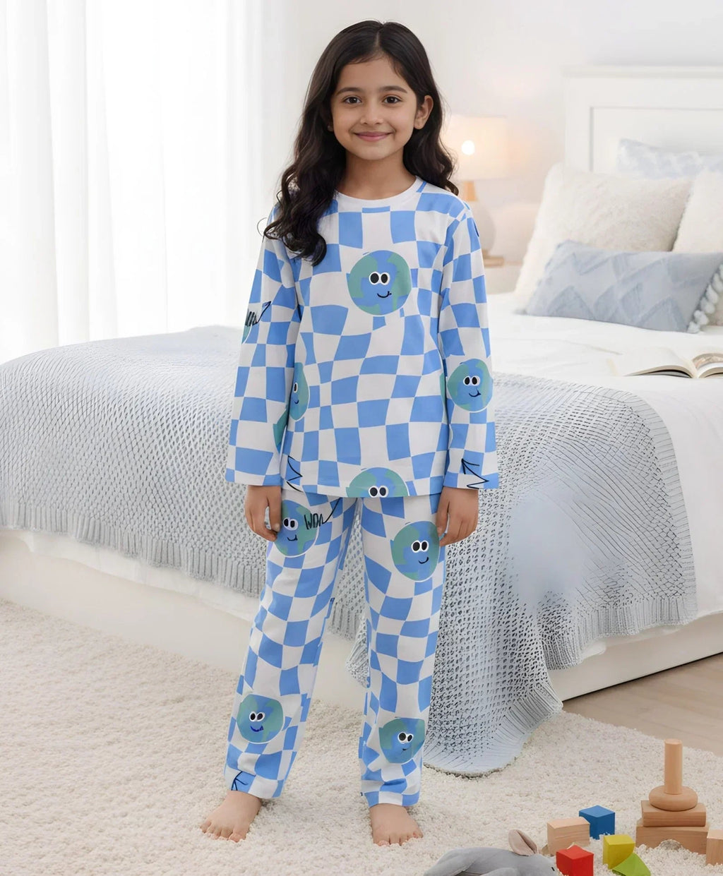GLOBE CHECK GIRLS LONG SLEEVES PYJAMA SET - BLUE