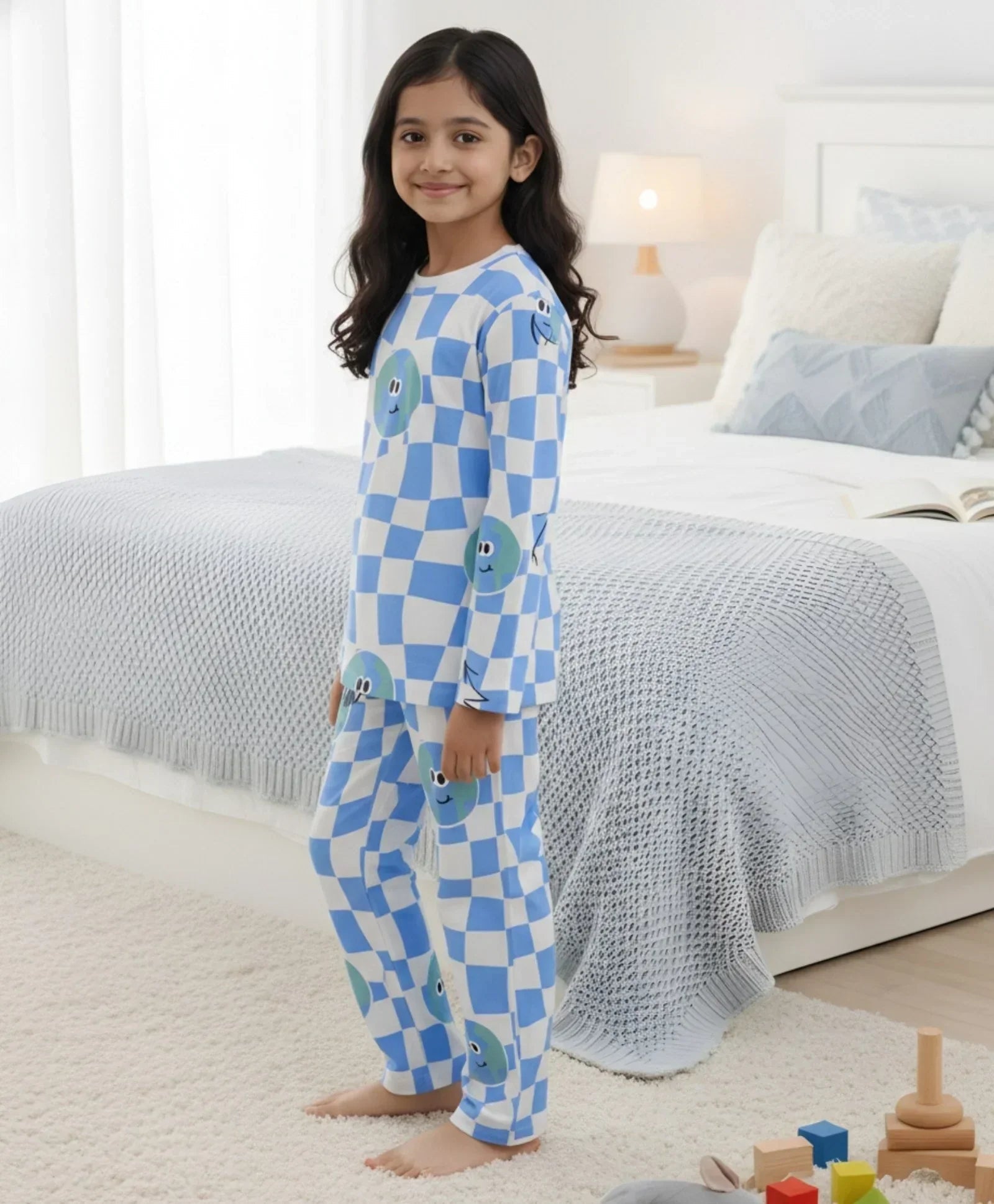 GLOBE CHECK GIRLS LONG SLEEVES PYJAMA SET - BLUE