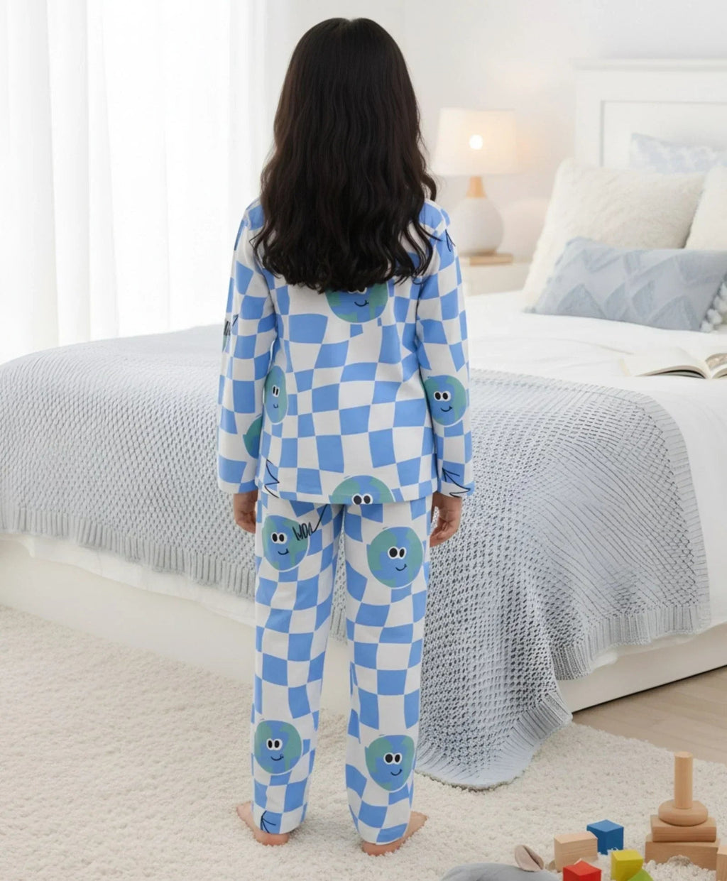 GLOBE CHECK GIRLS LONG SLEEVES PYJAMA SET - BLUE