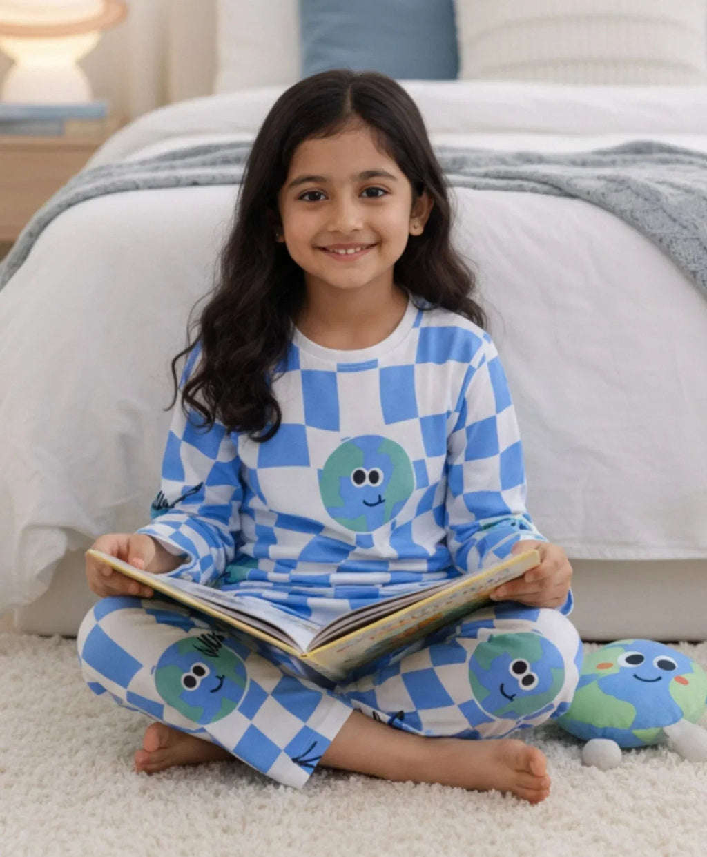 GLOBE CHECK GIRLS LONG SLEEVES PYJAMA SET - BLUE