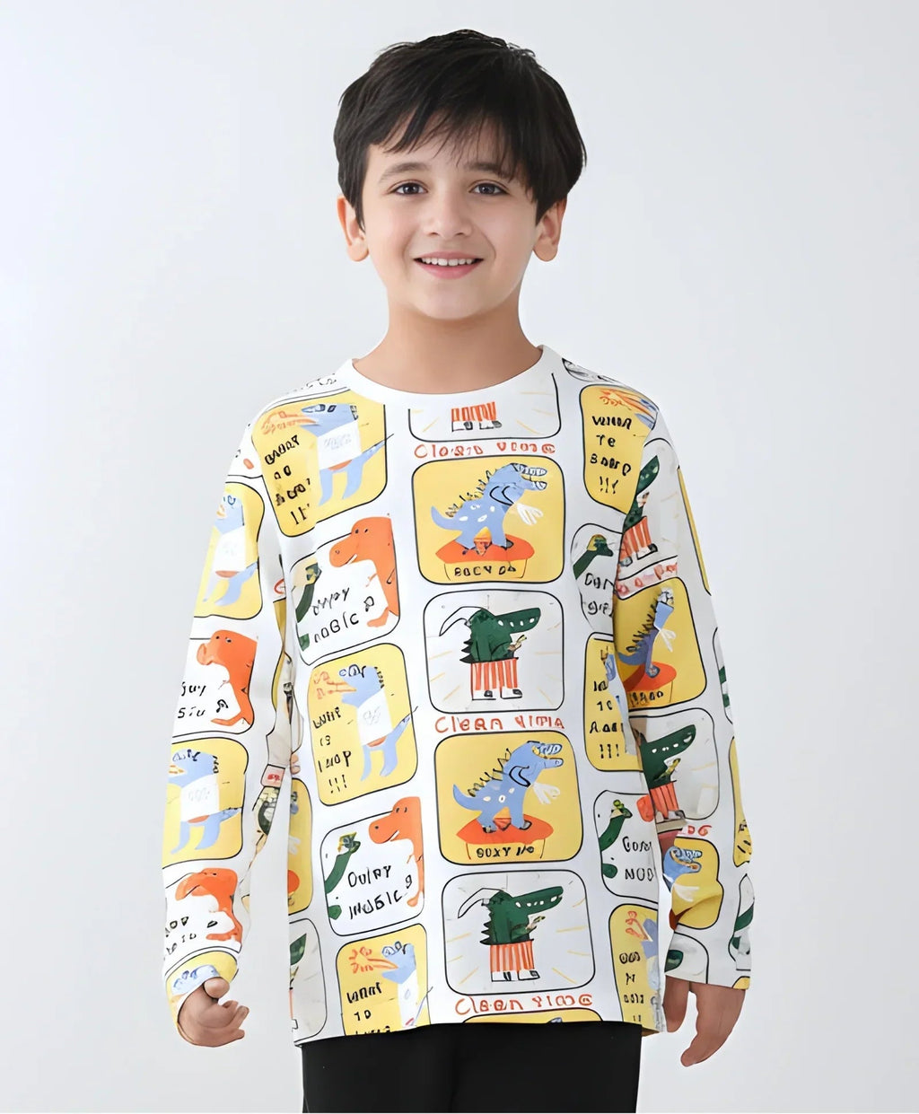 DINOSAUR STAMP LONG SLEEVE BOYS T-SHIRT -OFF WHITE