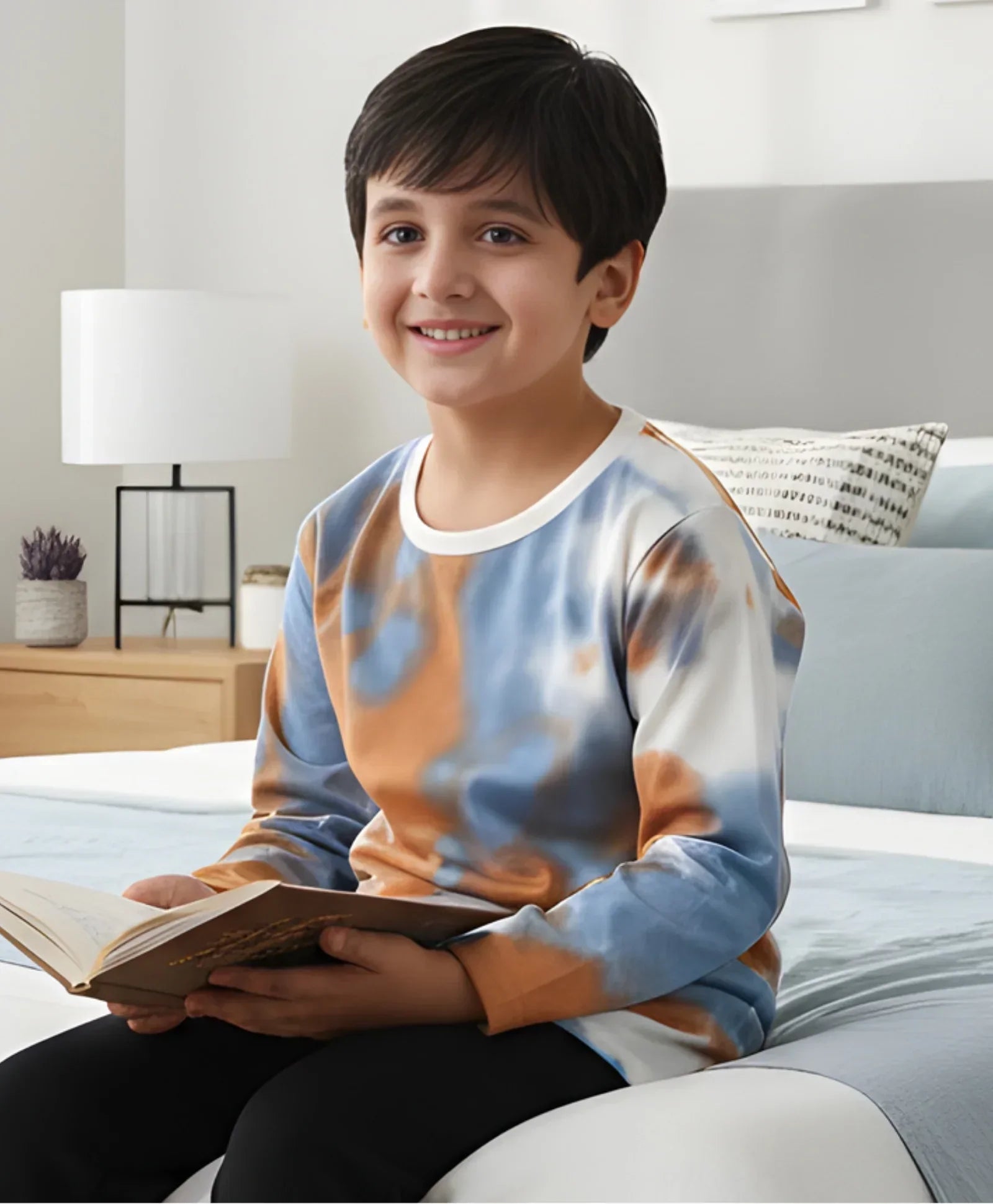 BLUE BROWN TIE DYE LONG SLEEVE BOYS T-SHIRT -BROWN