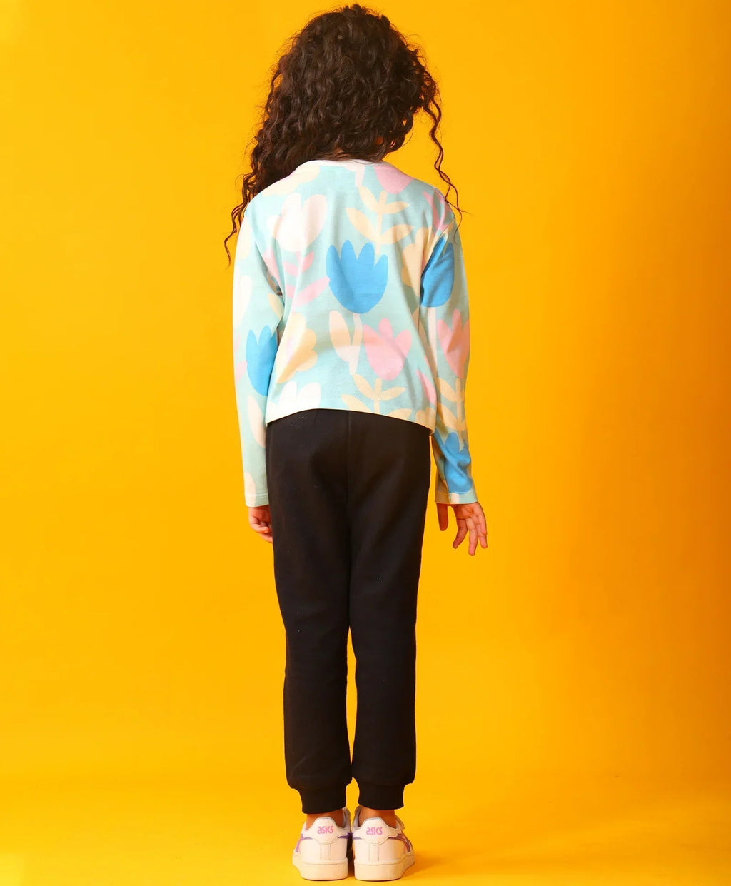 AQUA FLOWER LONG SLEEVE GRILS T-SHIRT FLEECE JOGGER SET - AQUA/BLACK