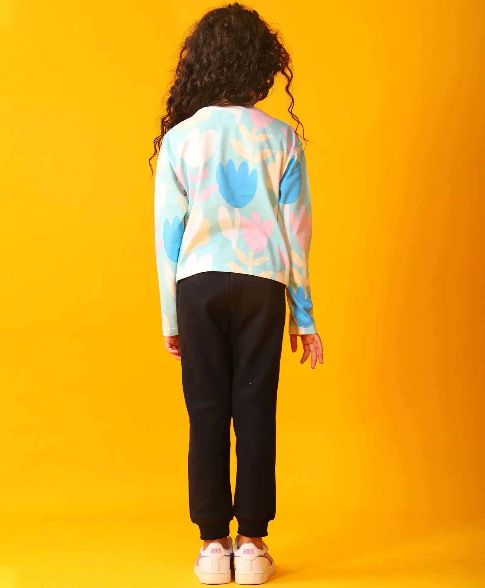 AQUA FLOWER LONG SLEEVE GRILS T-SHIRT FLEECE JOGGER SET - AQUA/BLACK