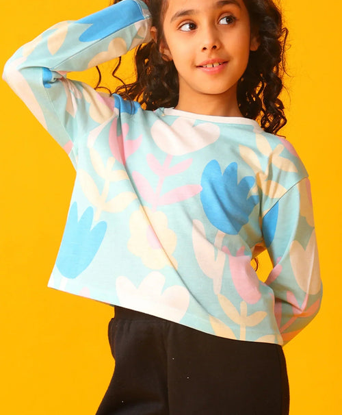 AQUA FLOWER LONG SLEEVE GRILS T-SHIRT FLEECE JOGGER SET - AQUA/BLACK