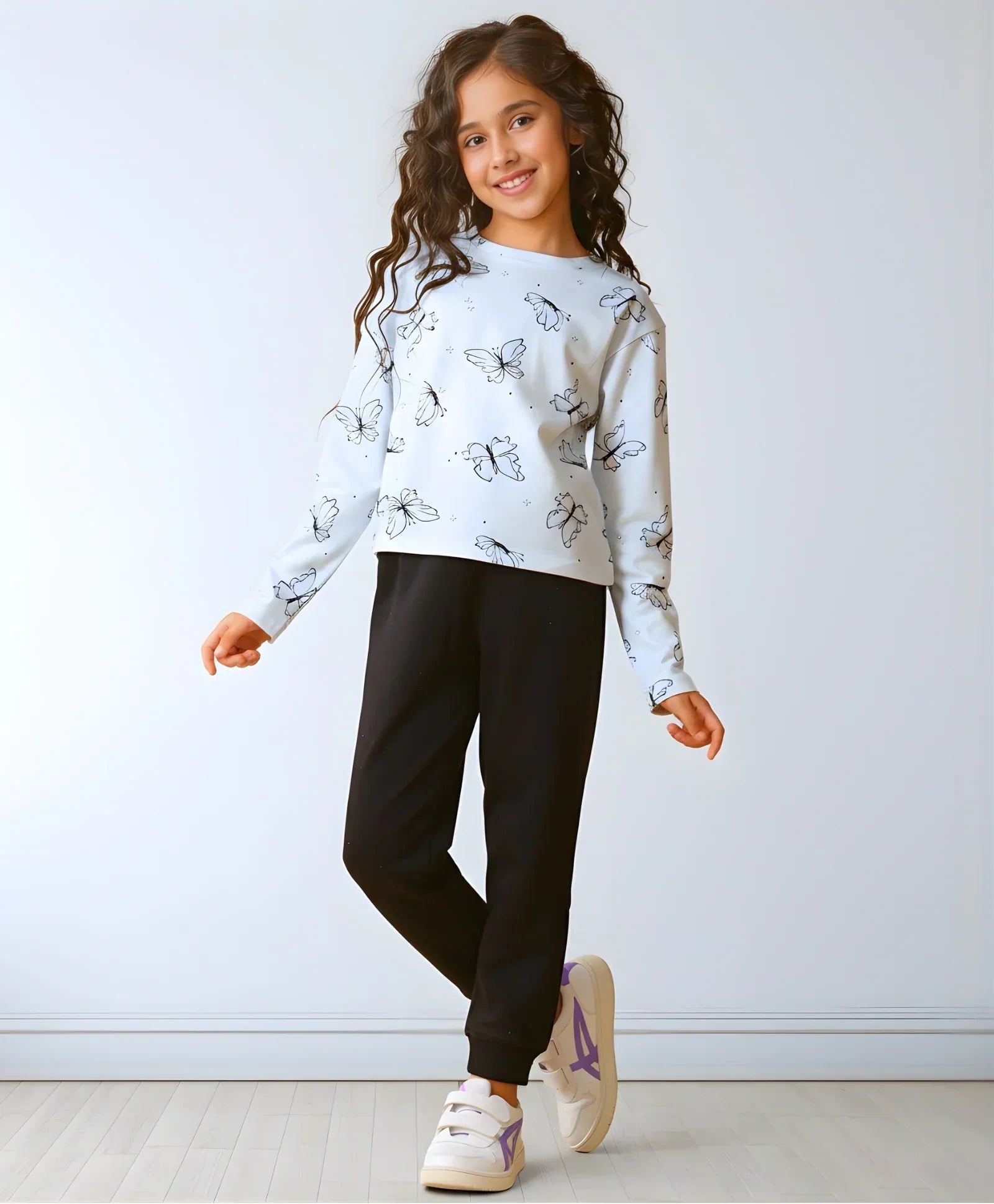 BLUE BUTTERFLY LONG SLEEVE GRILS T-SHIRT FLEECE JOGGER SET - BLUE/BLACK