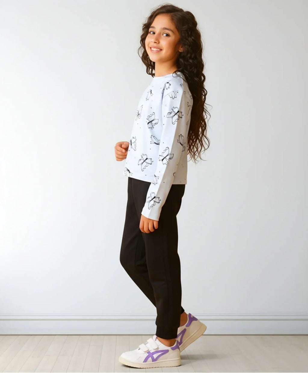 BLUE BUTTERFLY LONG SLEEVE GRILS T-SHIRT FLEECE JOGGER SET - BLUE/BLACK