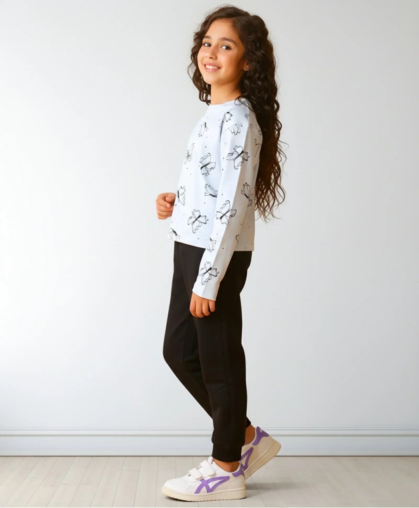 BLUE BUTTERFLY LONG SLEEVE GRILS T-SHIRT FLEECE JOGGER SET - BLUE/BLACK