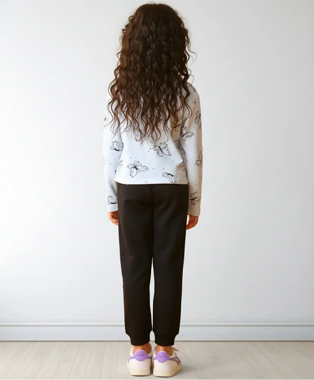 BLUE BUTTERFLY LONG SLEEVE GRILS T-SHIRT FLEECE JOGGER SET - BLUE/BLACK