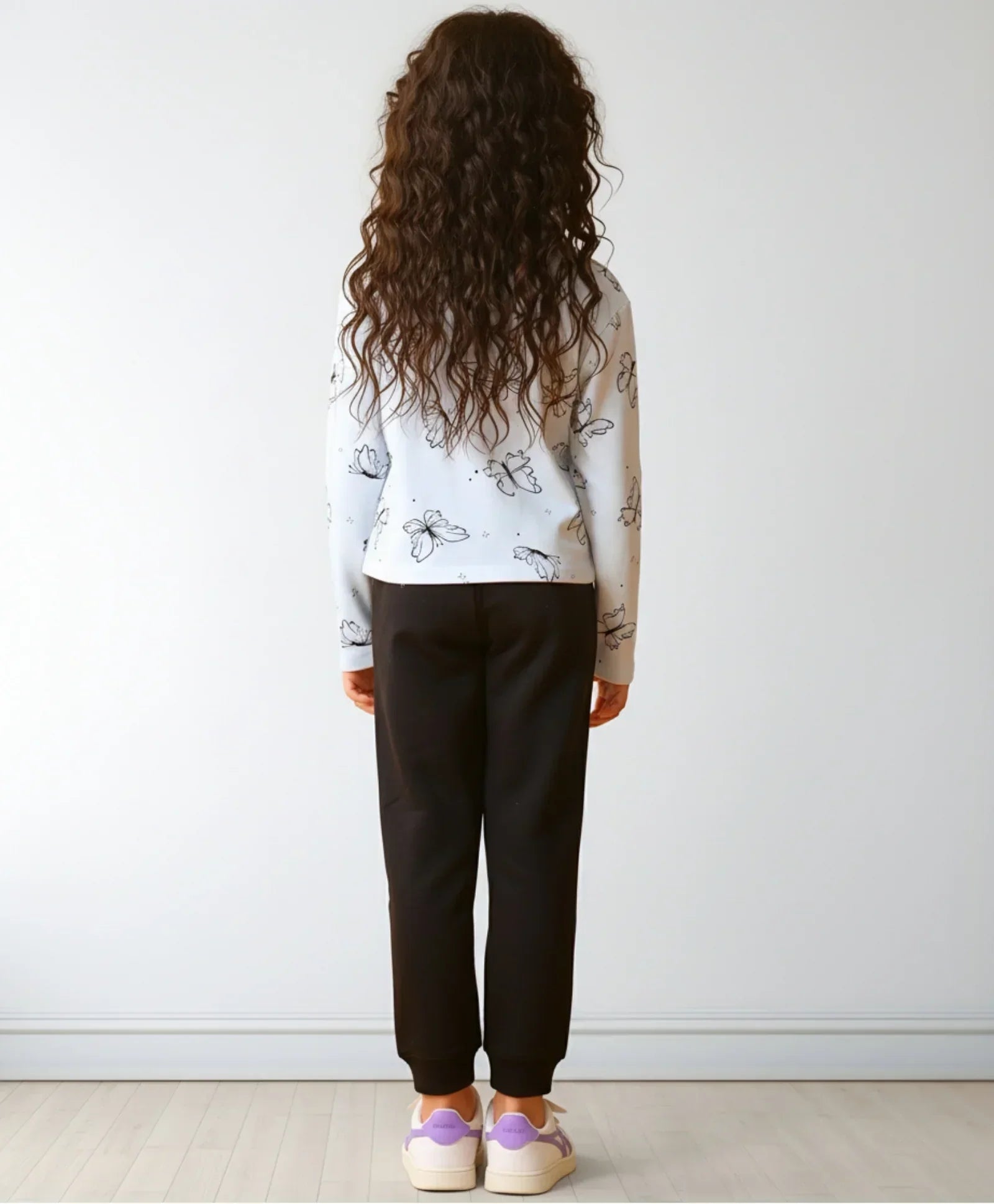 BLUE BUTTERFLY LONG SLEEVE GRILS T-SHIRT FLEECE JOGGER SET - BLUE/BLACK