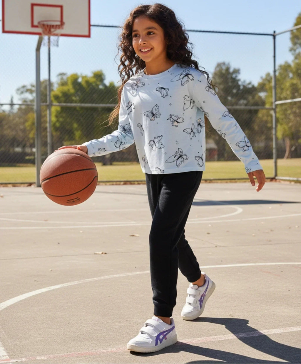 BLUE BUTTERFLY LONG SLEEVE GRILS T-SHIRT FLEECE JOGGER SET - BLUE/BLACK