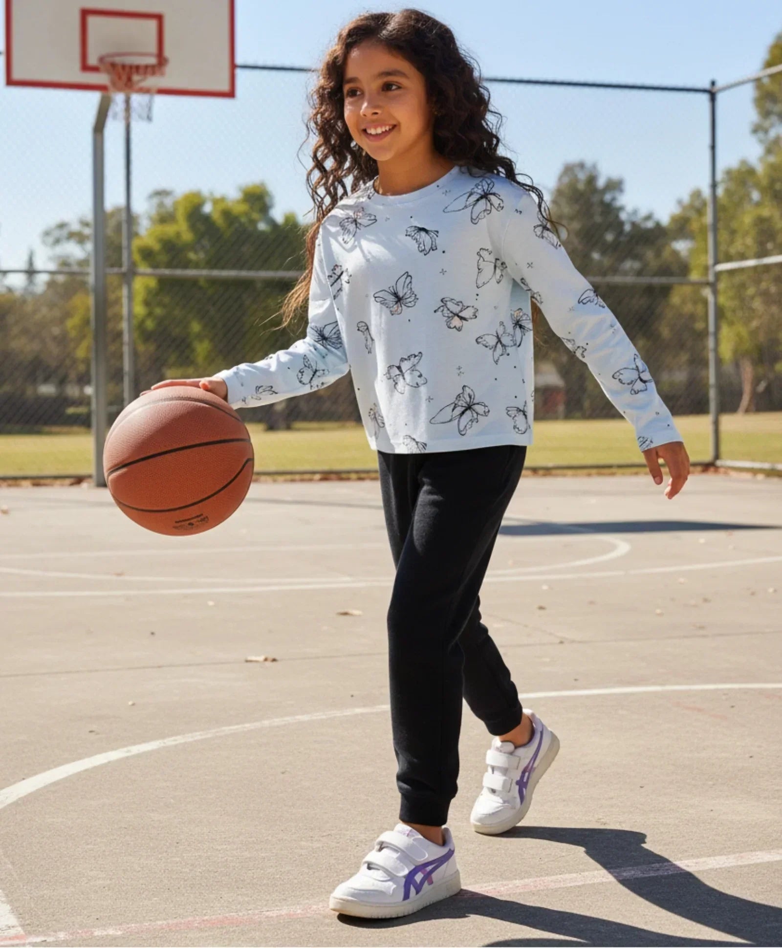 BLUE BUTTERFLY LONG SLEEVE GRILS T-SHIRT FLEECE JOGGER SET - BLUE/BLACK