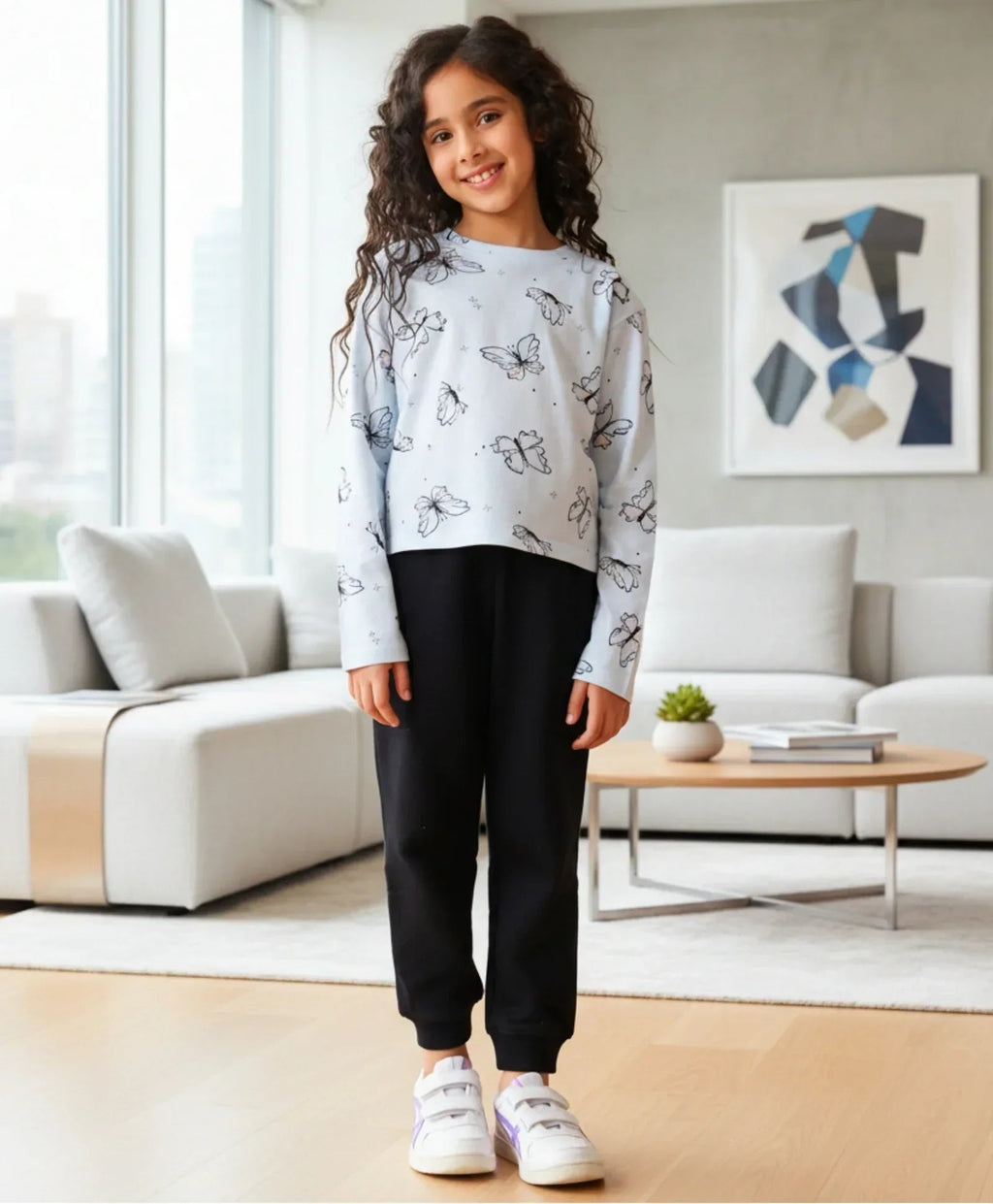 BLUE BUTTERFLY LONG SLEEVE GRILS T-SHIRT FLEECE JOGGER SET - BLUE/BLACK