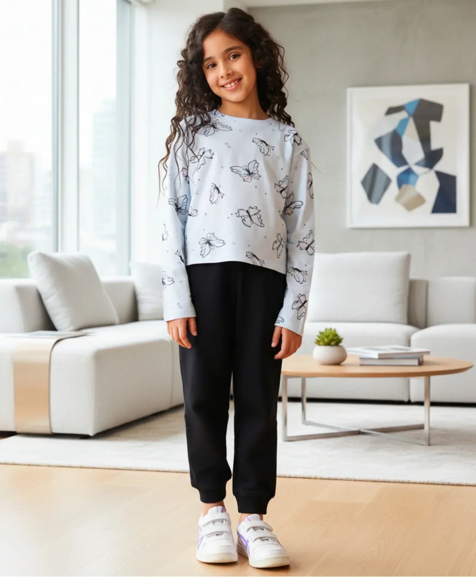 BLUE BUTTERFLY LONG SLEEVE GRILS T-SHIRT FLEECE JOGGER SET - BLUE/BLACK