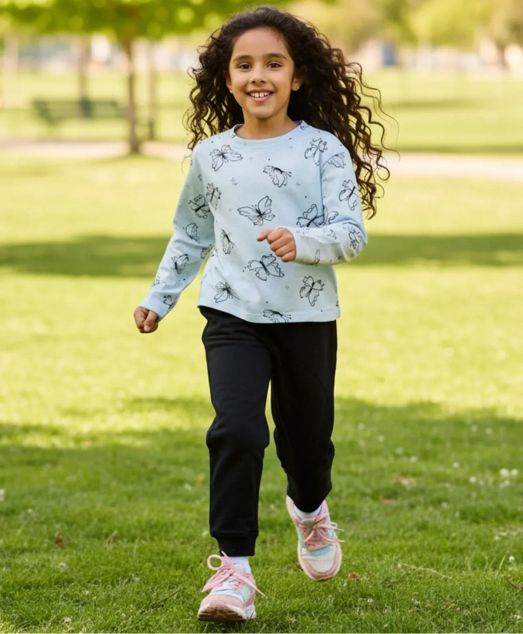 BLUE BUTTERFLY LONG SLEEVE GRILS T-SHIRT FLEECE JOGGER SET - BLUE/BLACK