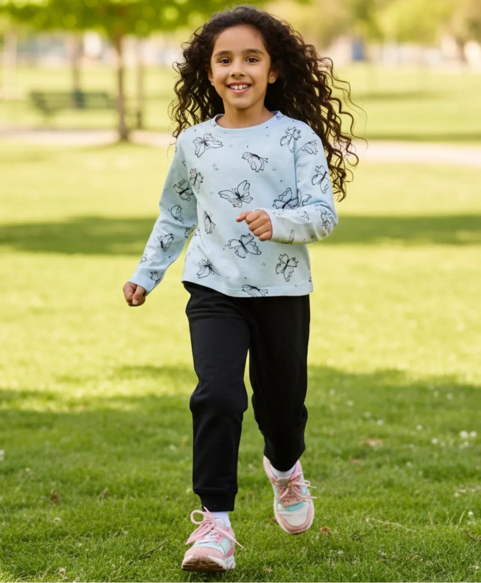 BLUE BUTTERFLY LONG SLEEVE GRILS T-SHIRT FLEECE JOGGER SET - BLUE/BLACK