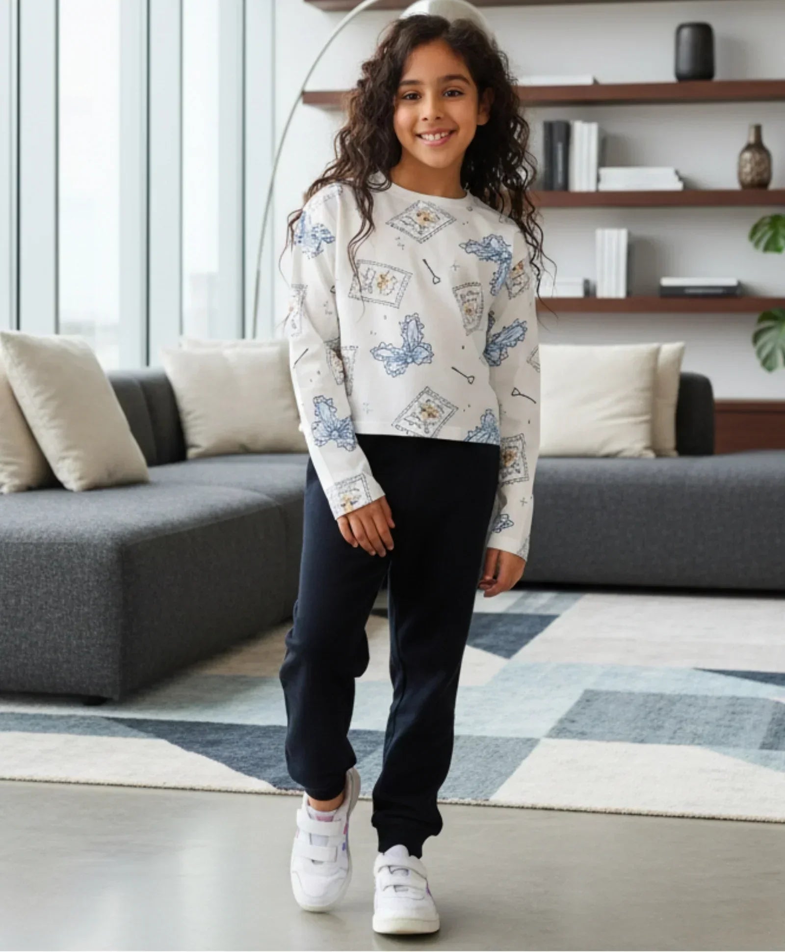 BOW KEY CAT LONG SLEEVE GRILS T-SHIRT FLEECE JOGGER SET - WHITE/BLACK
