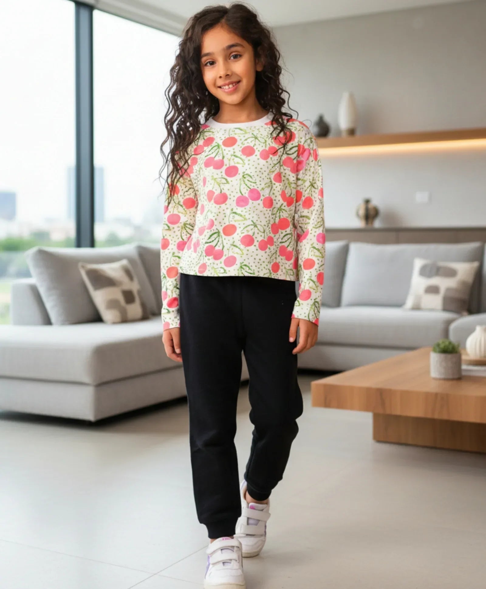 DOTTED CHERRY LONG SLEEVE GRILS T-SHIRT FLEECE JOGGER SET - WHITE/BLACK