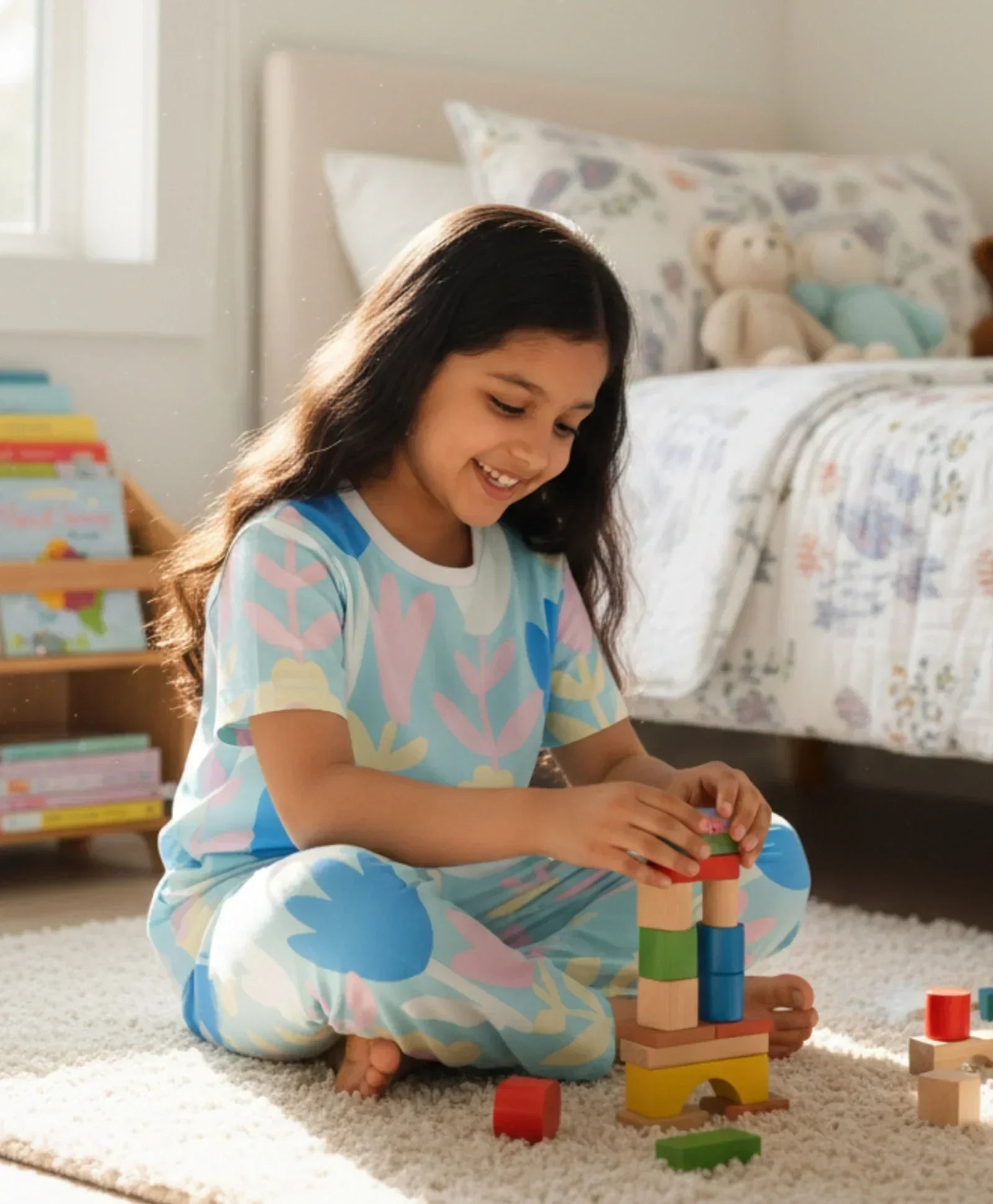AQUA FLOWER SHORT SLEEVE PYJAMA SET - AQUA