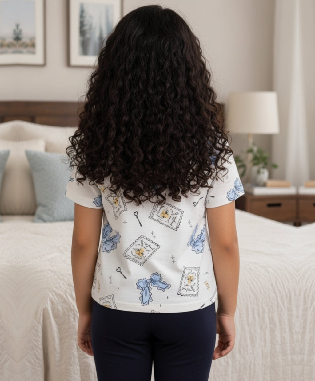 BOW KEY CAT SHORT SLEEVE GIRLS T-SHIRT - WHITE