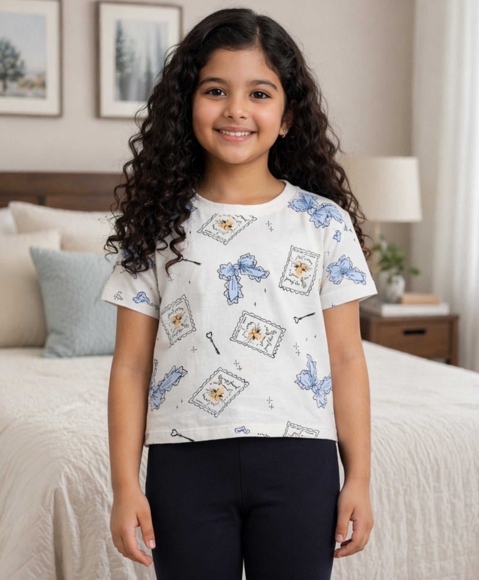 BOW KEY CAT SHORT SLEEVE GIRLS T-SHIRT - WHITE