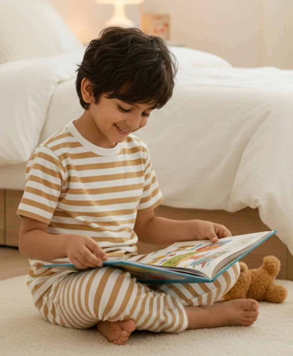 BEIGE WHITE STRIPE SHORT SLEEVE PYJAMA SET - BEIGE/WHITE