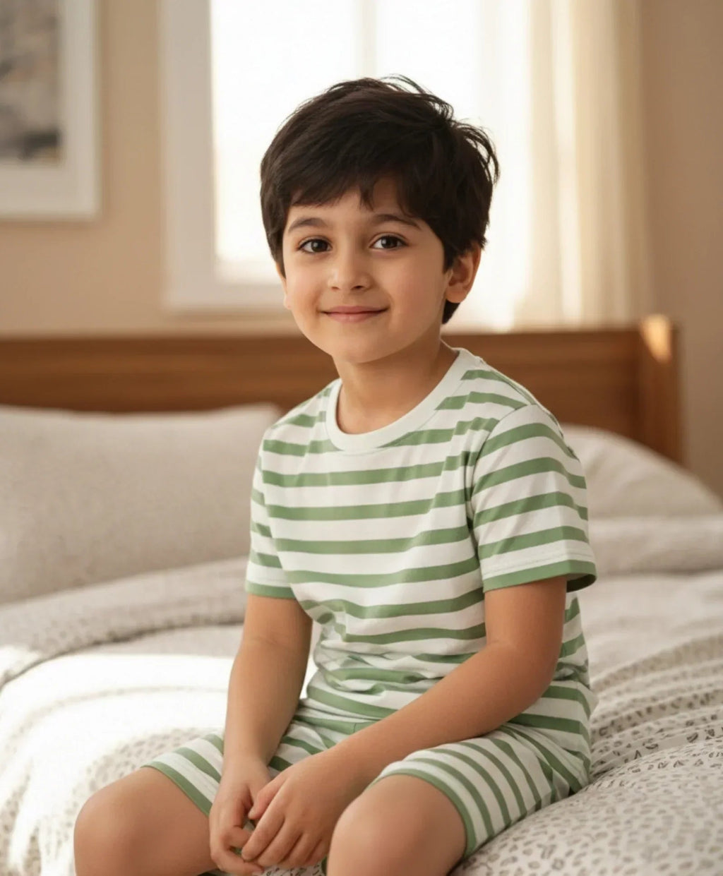 GREEN WHITE STRIPE SLEEPWEAR SHORT SET - GREEN/WHITE