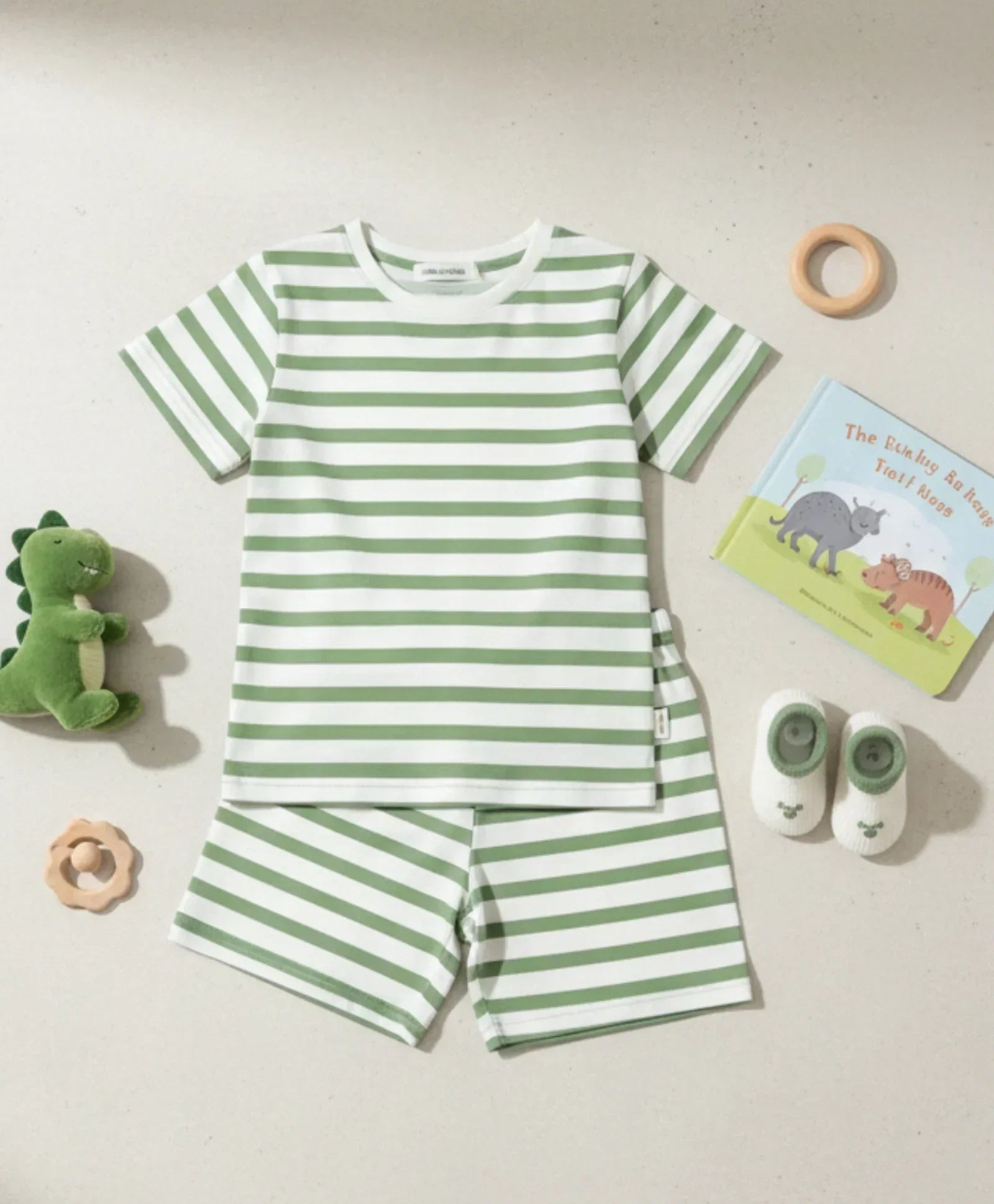 GREEN WHITE STRIPE SLEEPWEAR SHORT SET - GREEN/WHITE