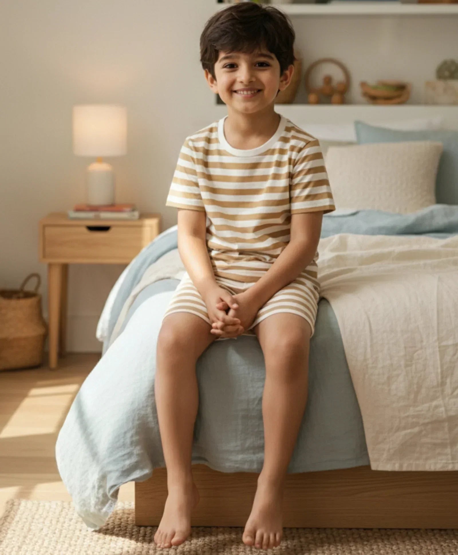 BEIGE WHITE STRIPE SLEEPWEAR SHORT SET - BEIGE/WHITE