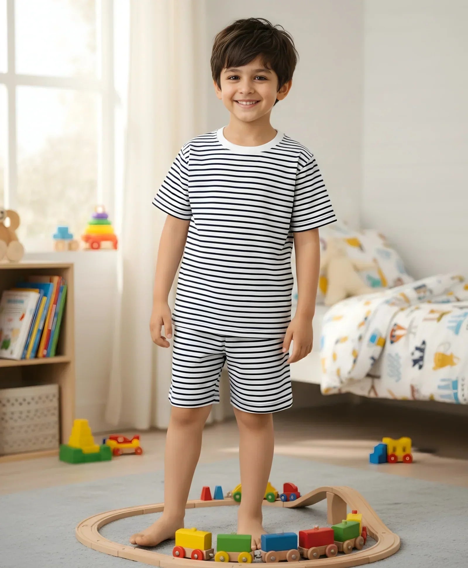 BLACK WHITE STRIPE SLEEPWEAR SHORT SET - BLACK/WHITE