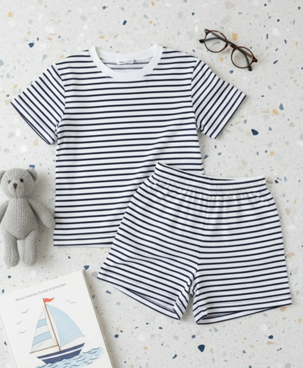 BLACK WHITE STRIPE SLEEPWEAR SHORT SET - BLACK/WHITE