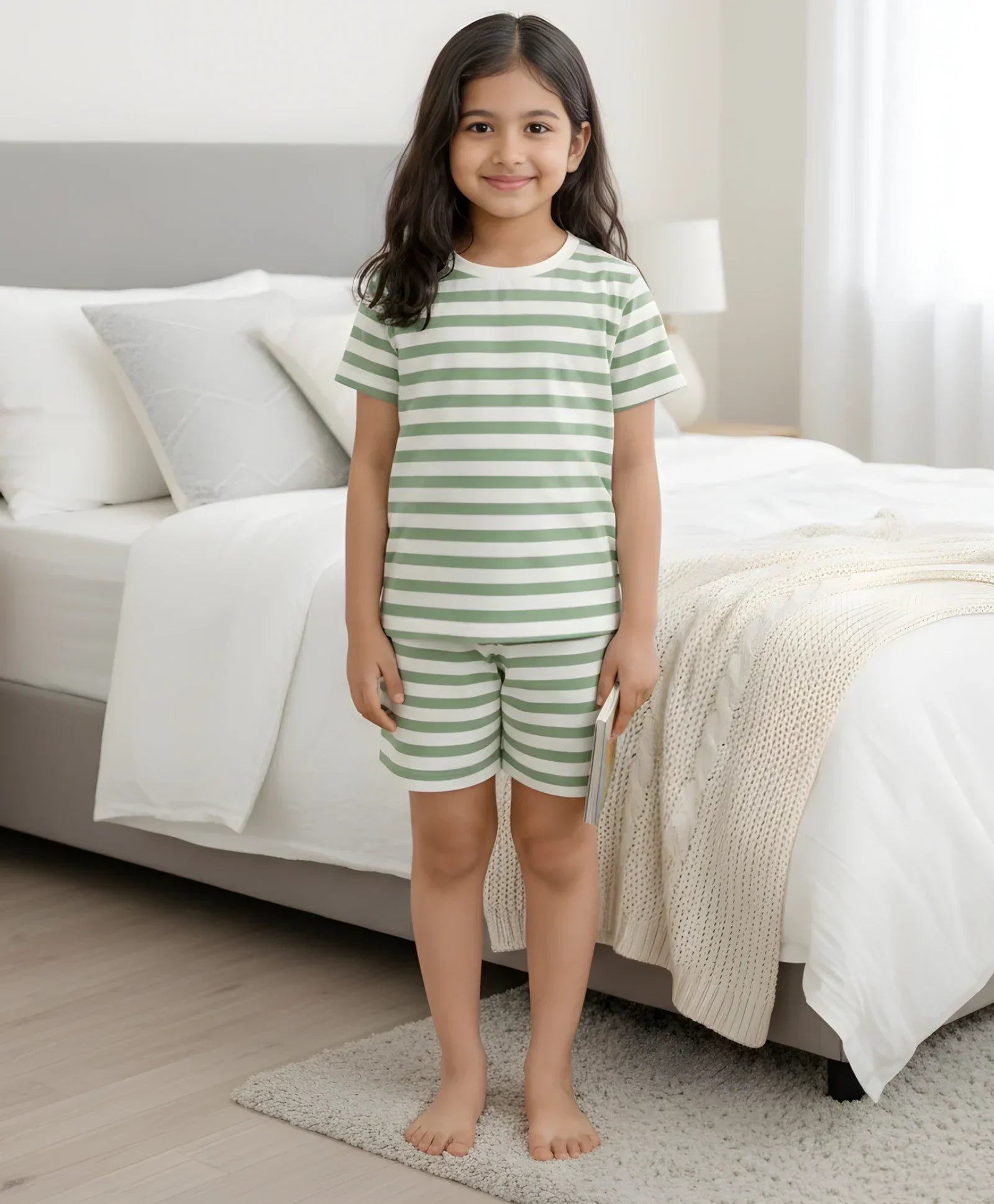 GREEN WHITE STRIPE GIRLS SLEEPWEAR SHORT SET - GREEN/WHITE