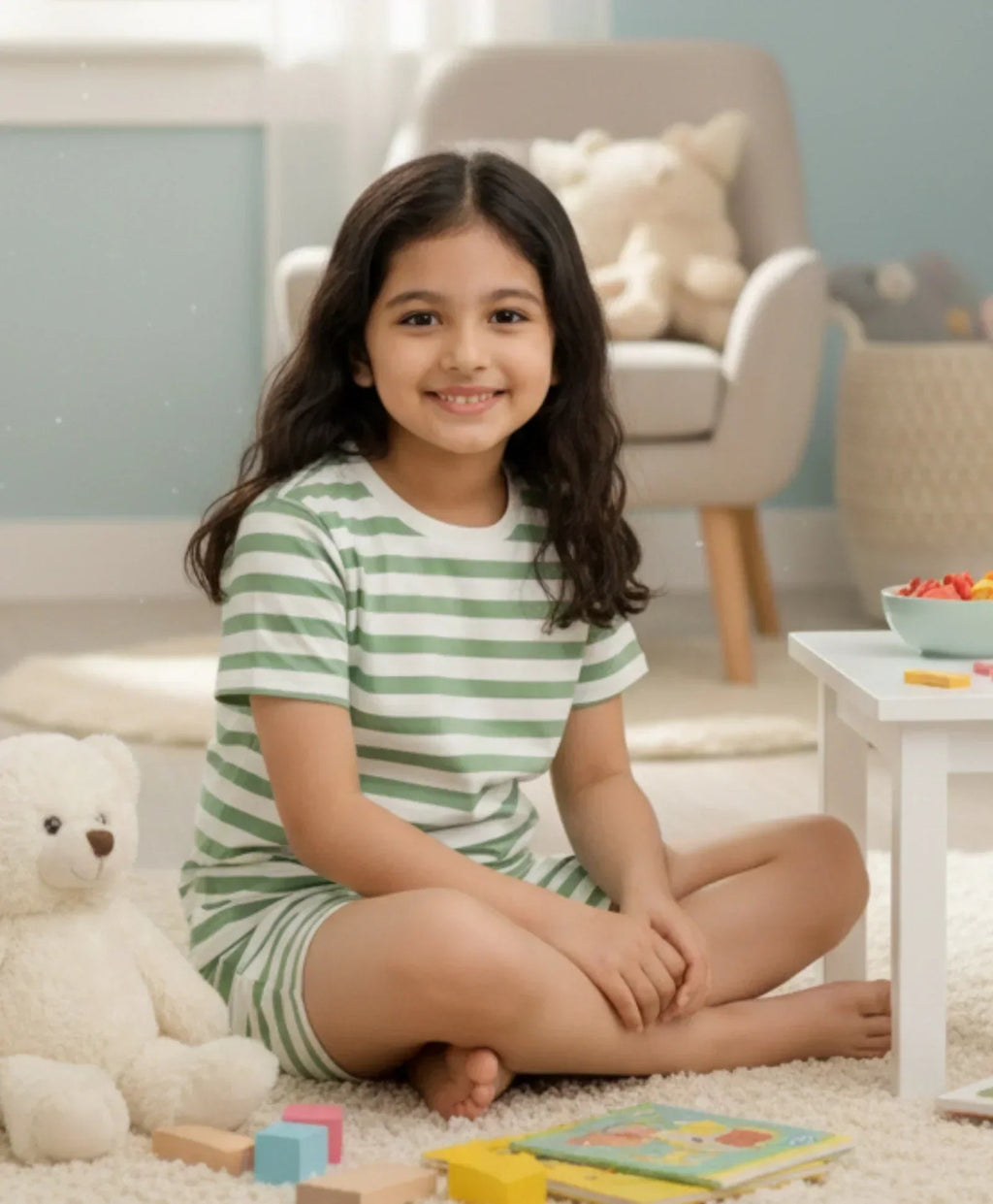 GREEN WHITE STRIPE GIRLS SLEEPWEAR SHORT SET - GREEN/WHITE